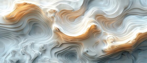 Obraz premium Abstract digital art with flowing, wave-like forms in beige and blue hues, resembling intricate marble textures and dynamic fluid patterns.