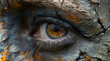 The eye of a person with a blue iris and a brown eyebrow. The eye is surrounded by wrinkles and appears to be old or weathered.