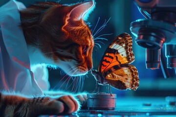 Curious Feline Scientist Intently Observing and Cataloguing Butterfly Specimen in Sleek Laboratory Setting with Advanced Research Instruments