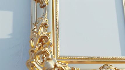Elegant golden blank frame against a pure white backdrop, photographed in exquisite detail in 8K, realistic, full ultra HD, high resolution, and cinematic photography.