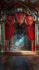 Fototapeta premium Elegant Ballet Theatre Stage with Velvet Curtains and Graceful Dancers in Spotlight
