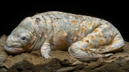 Obraz premium A large, white and yellow salamander with spots laying on a muddy ground. The salamander is resting and appears to be sleeping.