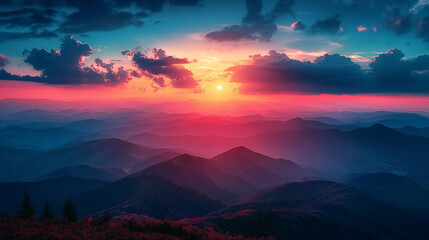 Fototapeta premium Mountain Sunset Sky View with Orange and Red Horizon
