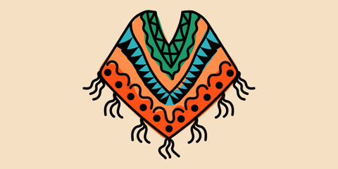 Colorful Doodle Mexican Poncho with ethnic ornament editable stroke. Vector hand drawn illustration in black, red, blue, orange and green colors. Isolated on beige background. Latin American culture
