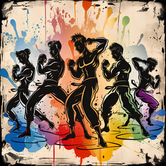  Group of Martial Artists in Fighting Stance with Colorful Splattered Background