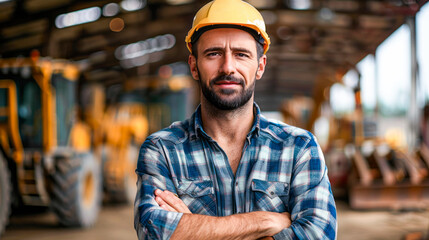 Obraz premium Construction worker wearing a yellow hard hat stands with his arms crossed, looking confidently at the camera