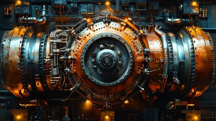 Obraz premium A close up of a machine with gears and wires, possibly a part of a jet engine or a generator.