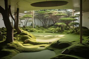 Tranquil indoor golf setup surrounded by a lush, stylized japanese garden landscape