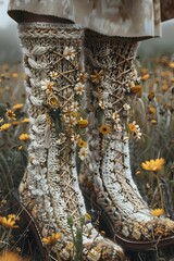 Intricate Boho-Chic Macrame and Knitted Boot Cuffs in a Sunlit Meadow Scene