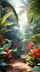 Obraz premium Lush Tropical Jungle Landscape with Diverse Foliage and Cinematic Visuals