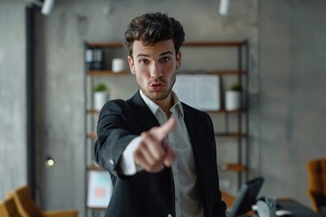 Fototapeta premium Confident business professional pointing, engaging in the office setting.