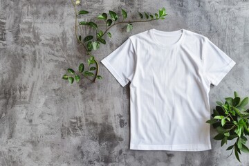 Top view white t-shirt mockup on texture background
