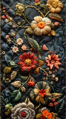 Ornate Embroidered Patchwork Quilt Blocks with Textured Thread in Pastoral Countryside Setting