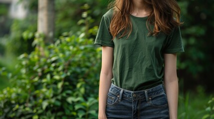 Fototapeta premium A woman wearing a green t-shirt with blank space for text against a green leafy background