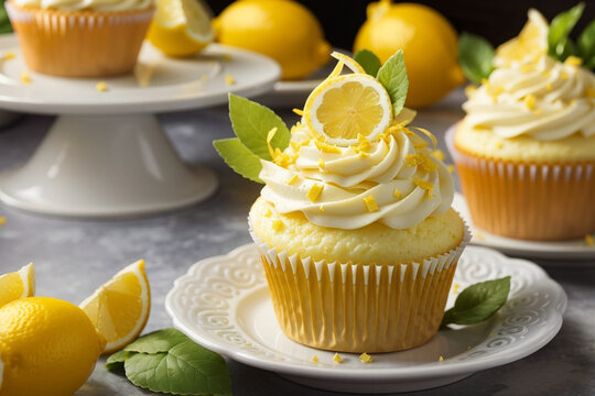 Delicious lemon cupcake garnish, Generative AI