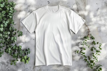 Top view white t-shirt mockup on texture background
