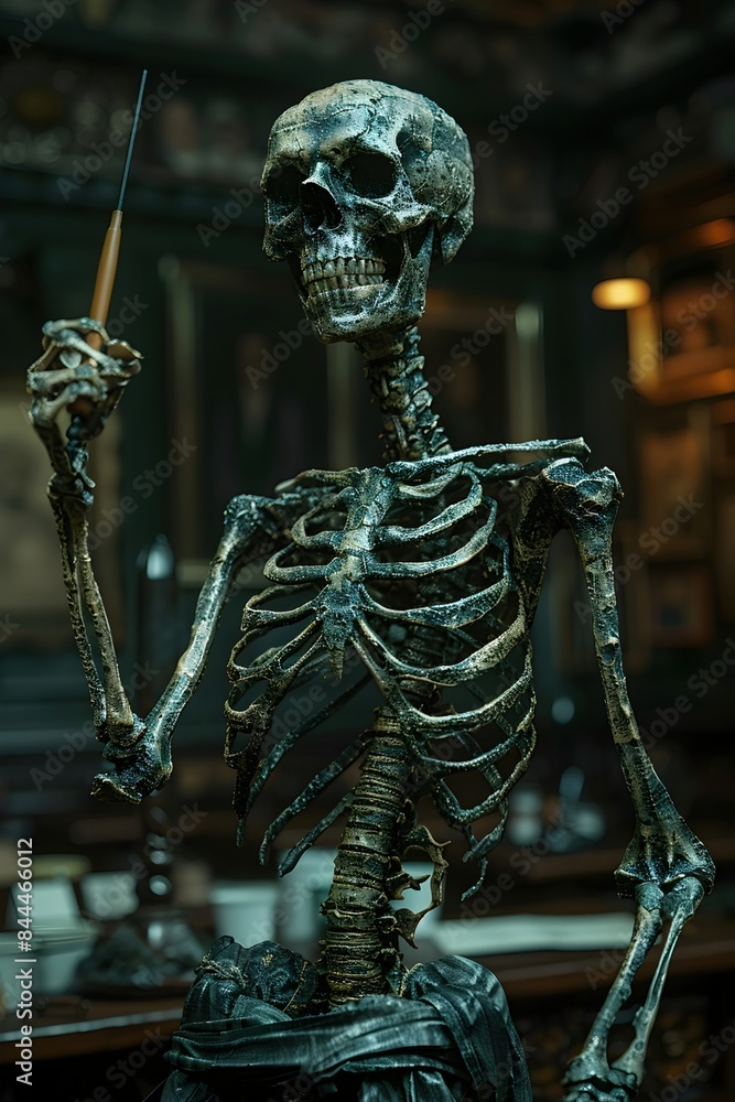 Poster Skeletal Figure Wielding a Pointer in an Eerie,Dimly Lit Classroom Setting with Ghostly Textures and Renaissance-Inspired Chiaroscuro Lighting