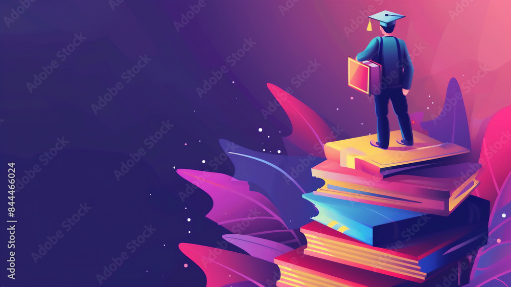 Wall mural A graduate stands on a stack of colorful books, holding a diploma, symbolizing the journey of education and achievement. - Wall murals