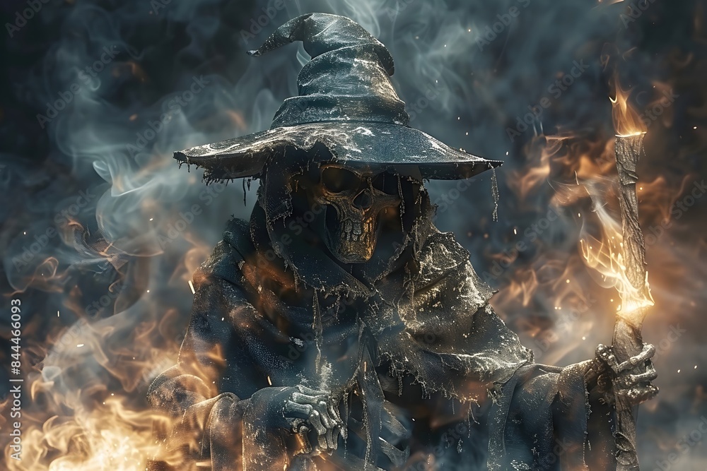 Poster skeleton sorcerer shrouded in mist with glowing staff,dark fantasy