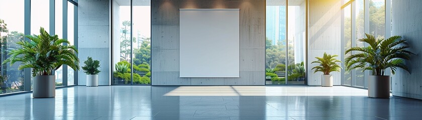 Fototapeta premium Blank rollup display stands in stylish office lobby, indoor plants, natural light, sleek and modern, high detail 8K , high-resolution, ultra HD,up32K HD