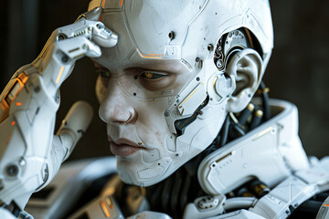 Fototapeta premium Generative AI creative picture Robot cyborg in activities of daily life routine living together with people