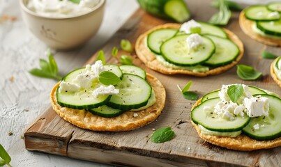 Cucumber and feta tostada with avocado spread, Generative AI