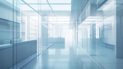 Fototapeta premium Modern office corridor with glass partitions. Bright and sleek corporate hallway design.