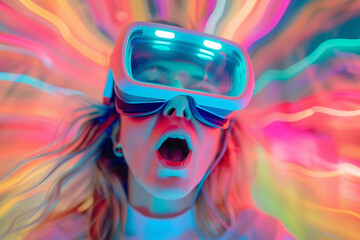Person in vr virtual reality goggles visiting metaverse gaming world tech addicted, Generative AI