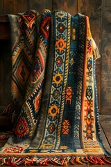 Vibrant and Intricate Afghan Blankets Elevating the Cozy Living Space with Dramatic Lighting and Textured Details