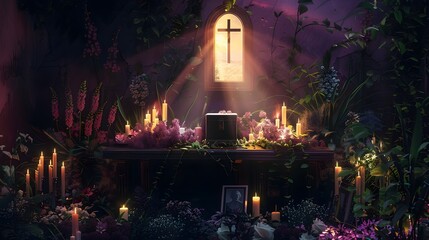Naklejka premium Mystical Candlelit Altar Glowing in Sacred Forest Sanctuary description This captivating image depicts a serene and mystical religious altar set