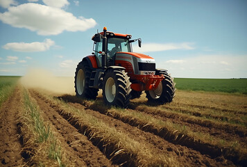Fototapeta premium Tractor plowing field of crops