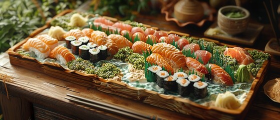 Japan mapshaped sushi on wooden tray, high detail, rustic, Japan sushi production concept 8K , high-resolution, ultra HD,up32K HD