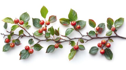 Close-up of a branch with green leaves and bright red berries isolated on a white background, showcasing natural autumn beauty.