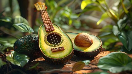Whimsical Avocado Ukulele Arrangement in Rustic,Sun-Dappled Setting