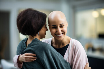 Fototapeta premium Cancer awareness conceptual Generative AI illustration with bald hairless person after chemo treatment