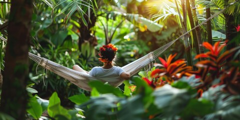 A person relaxing in a hammock in a lush tropical garden, with exotic plants and flowers all around