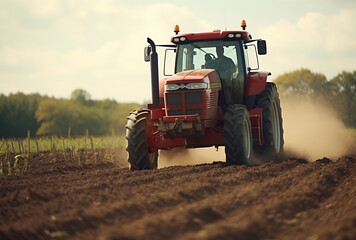 Fototapeta premium Red tractor plowing field of dirt