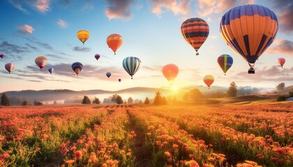 Fototapeta premium A breathtaking scene of hot air balloons floating over a vibrant flower field at sunrise. The sky is painted with warm hues of orange and pink, as the sun rises over the horizon. 