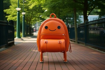 Vibrant orange backpack with a smiley face design stands alone on a city sidewalk