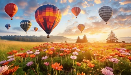 Fototapeta premium A breathtaking scene of hot air balloons floating over a vibrant flower field at sunrise. The sky is painted with warm hues of orange and pink, as the sun rises over the horizon. 