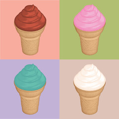 4 Vintage engraved ice cream cones on color backgrounds vector illustration