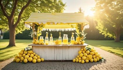 A charming lemonade stand set up in a sunlit garden. The stand is decorated with fresh lemons and vibrant yellow flowers, and features glass dispensers filled with refreshing lemonade. 
