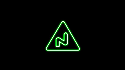 Neon glowing uk warning of a double bend ahead road sign. It consists of a double bend symbol contained.