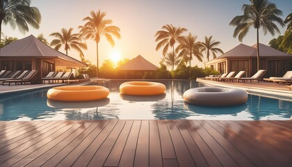 Obraz premium A serene scene of a tropical resort poolside at sunset. Inflatable pool floats rest on the water, with sun loungers and umbrellas arranged neatly around the pool. 