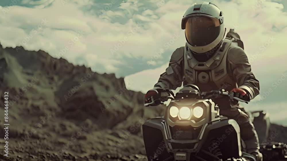 Poster astronaut riding atv on alien planet with ai generated.