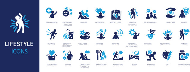 Lifestyle flat icons set. Healthy lifestyle symbols. Happiness, diet, exercise, sport, game, fitness,