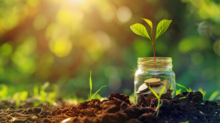 Plant growing in money Coins glass jar put on dry soil with blurry green leafs and sun light planning for investment in the future Green nature background