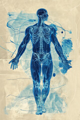 Human anatomy body detailed visualization blue print style