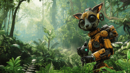 futuristic robotic animal with an orange exterior, Fox robot stand in green foliage, blending technology with nature