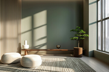 Meditation space in a room with serene vibes, minimal furniture and copyspace. Home interiors composition.